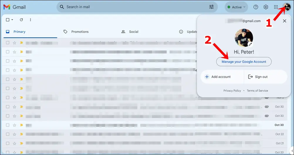 This image shows the Gmail interface. The steps to access your Google Account are highlighted.