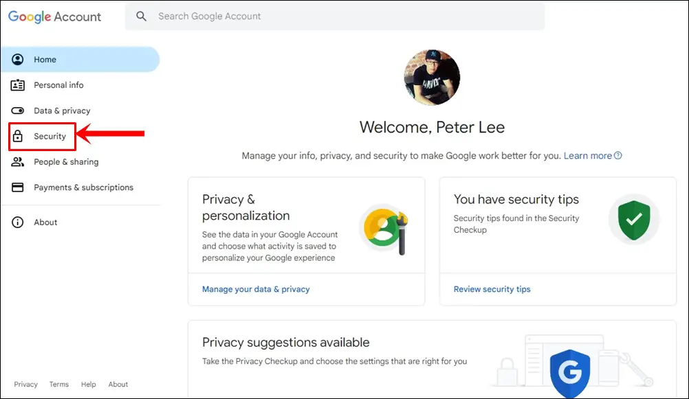 This image shows the Google Account page with the Security tab on the left sidebar highlighted.