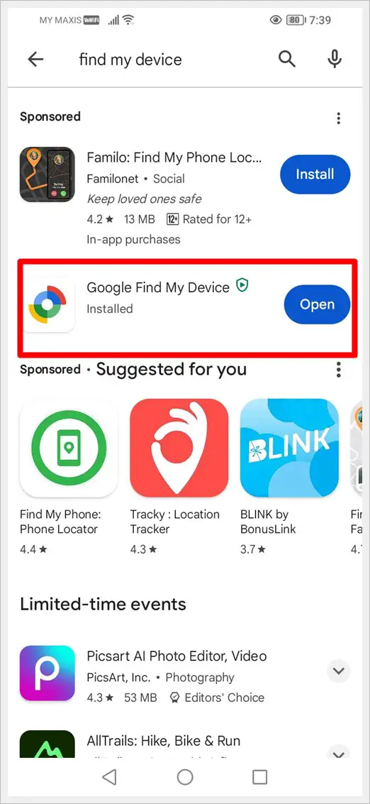 How to Fix Google Find My Device Not Working: This image shows a screenshot of Google Play Store. The Google Find My Device App is available for update and it's highlighted.