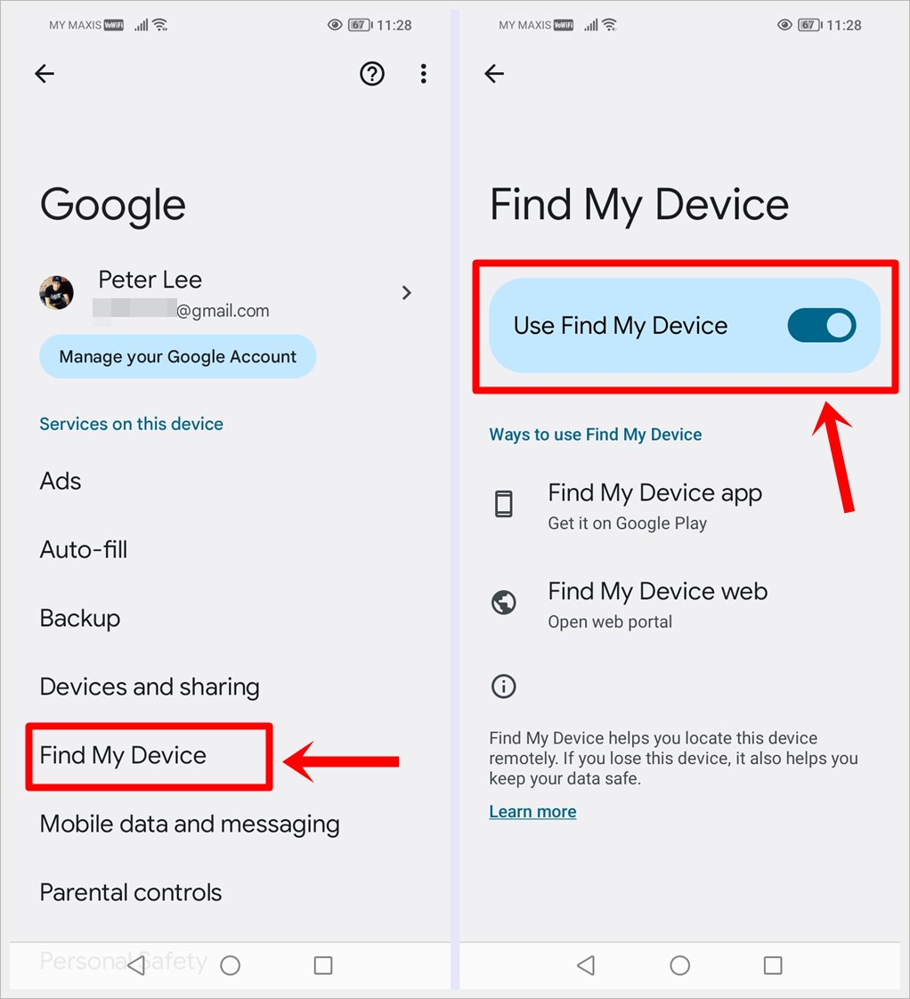 How to Find Your Lost Android Device with Google Find My Device: This image shows two screenshots: one featuring the Google screen with 'Find My Device' highlighted and the other featuring the Find My Device screen with the 'Use Find My Device' button highlighted, respectively.