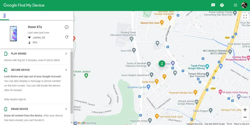 How to Find Your Lost Android Device with Google Find My Device: This image shows the Google Find My Device in action. An interactive map has successfully located the exact location of the Android device.