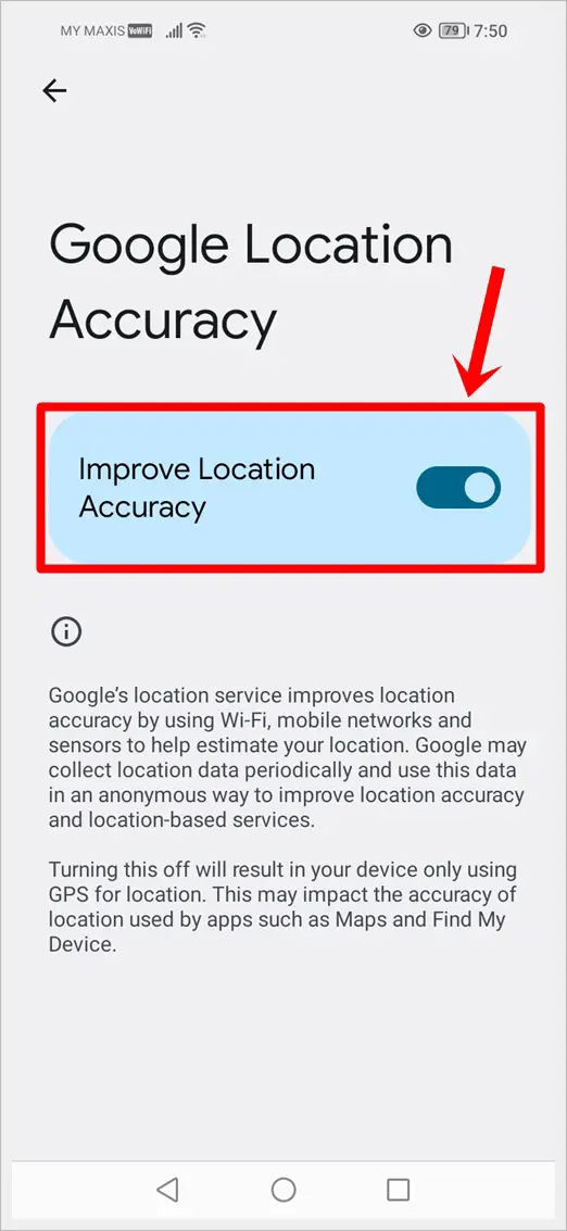 How to Fix Google Find My Device Not Working: This image shows the Google Location Accuracy screen. The "Improve Location Accuracy" button is highlighted.