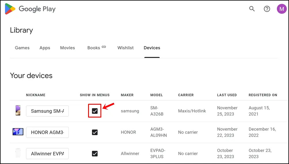 How to Fix Google Find My Device Not Working: This image shows a screenshot of https://play.google.com/library/devices. The "SHOW IN MENUS" box for the Android device to be track is checked and highlighted.