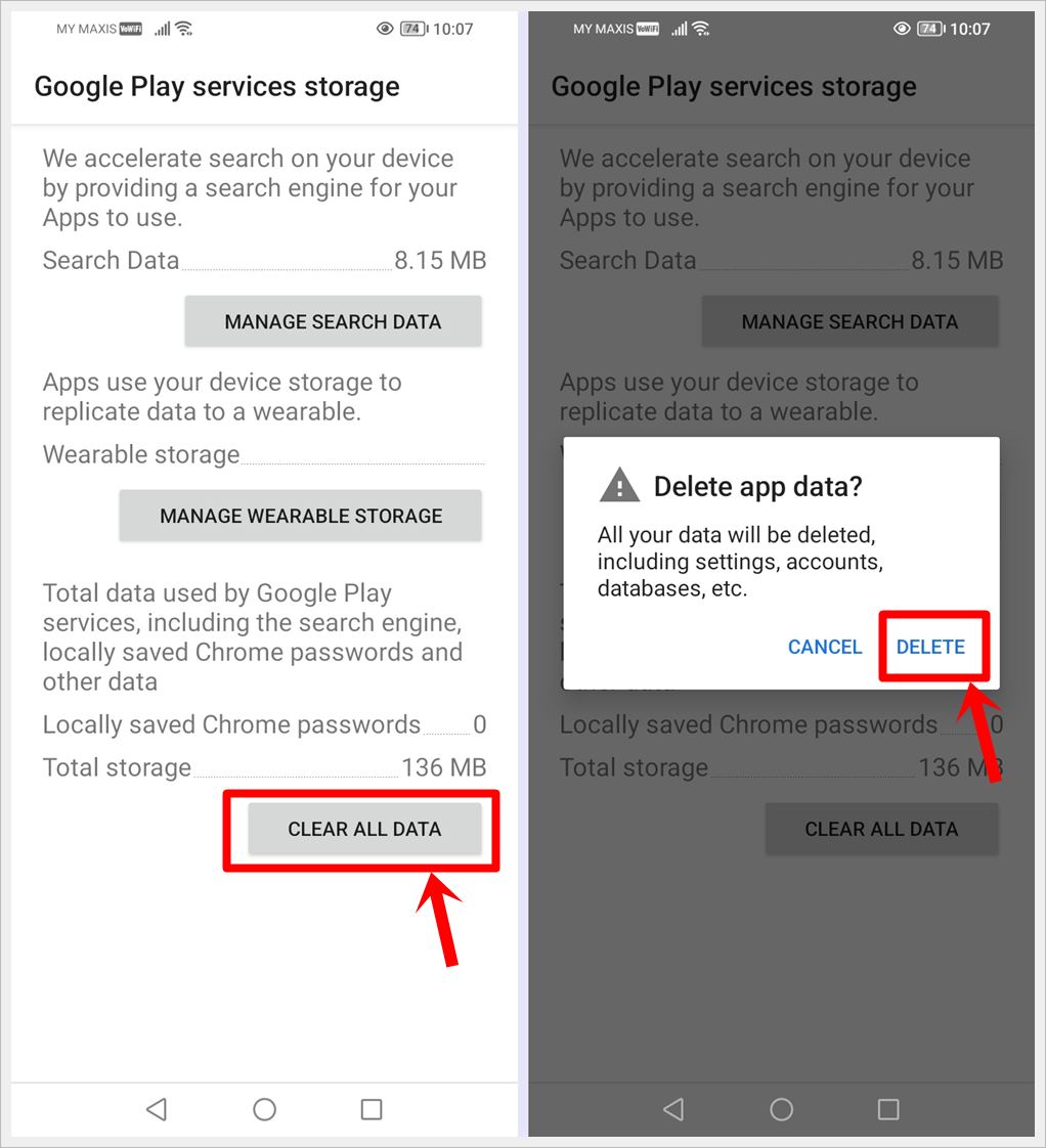 How to Fix Google Find My Device Not Working: This image displays two screenshots: one highlighting the 'CLEAR ALL DATA' option on the Google Play services storage screen, and the other featuring the 'DELETE' option on the alert notification.