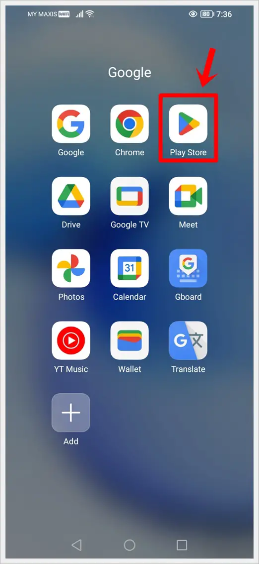 This image shows an Android device's screen. The Play Store Icon is highlighted.