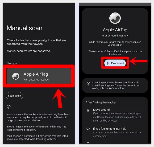 How to Track Unknown Apple AirTags With an Android: This image shows 2 screenshots of the Unknown tracker Alerts - one showing the manual scan screen with a detected Apple AirTag and the other indicating information on how to deal with the AirTag, as well as links to more in-depth materials on Google's support site.