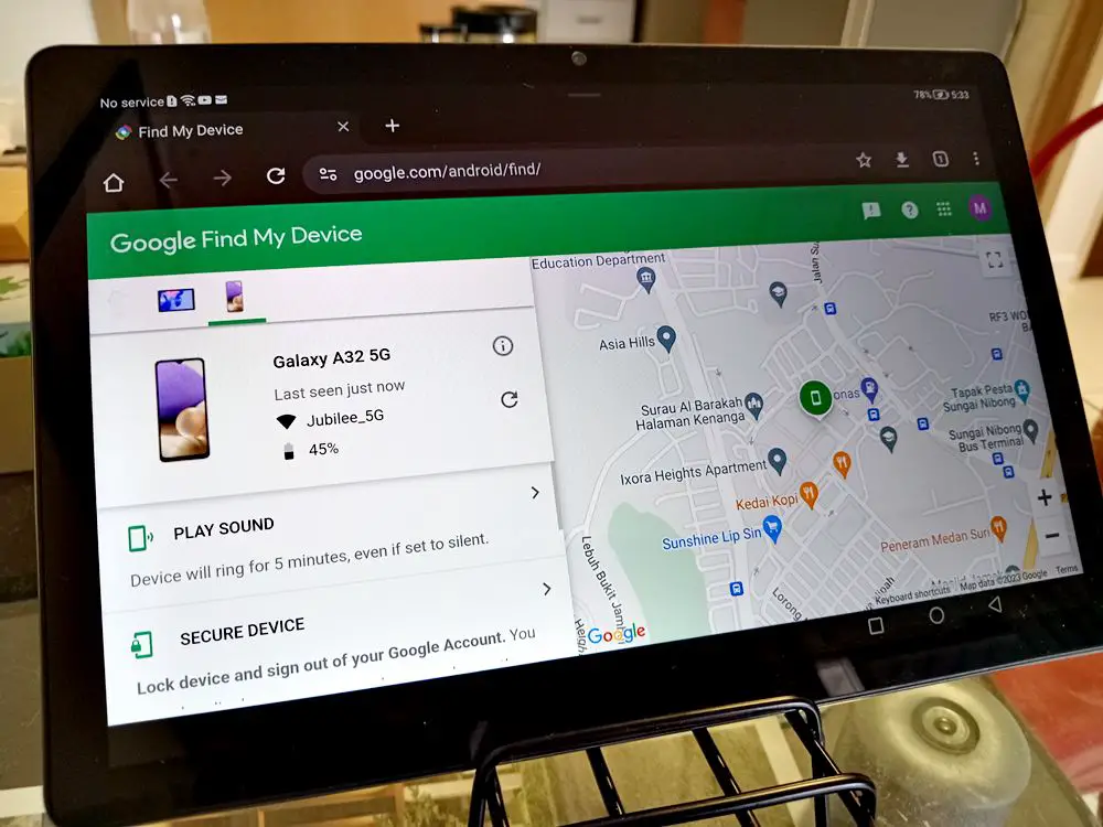 How to Find Your Lost Android Device with Google Find My Device: This photo depicts an Android tablet using Google Find My Device to successfully locate a lost Android smartphone and pinpoint its location on an interactive map.