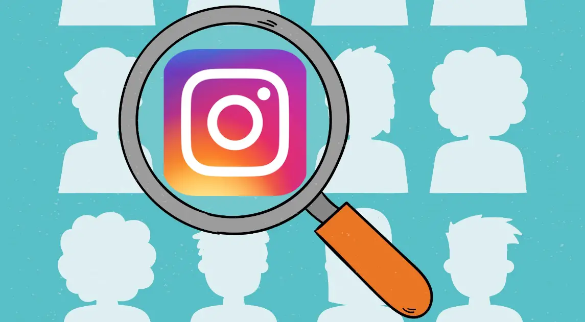 How to Find Someone on Instagram Without Their Username: This image illustrates a magnifying glass searching for the Instagram logo among a crowd of people in the context of finding someone on Instagram without their username.