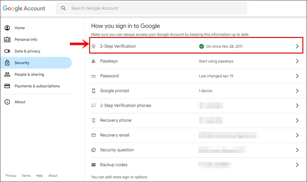 This image displays the "How you sign in to Google" section in your Google Account. The "2-Step Verification" option is highlighted.