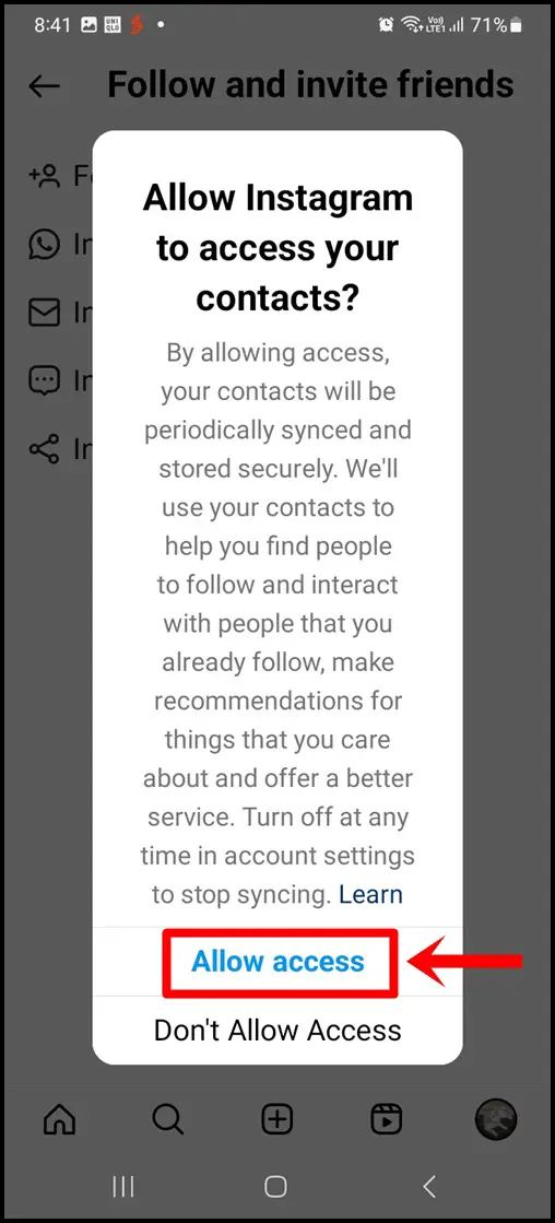 How to Find Someone on Instagram Without Their Username: This image displays an Instagram prompt requesting permission to access contacts, with the 'Allow access' option highlighted.