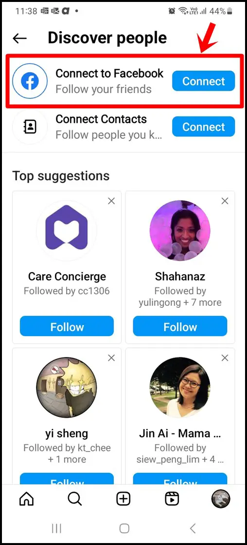 How to Find Someone on Instagram Without Their Username: This image shows the "Discover people" page of the Instagram mobile app. The "Connect to Facebook" option is highlighted.