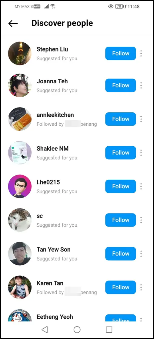 This image shows the "Discover people" page of the Instagram mobile app, with additional suggested Instagram users presented after linking the Facebook account with the Instagram account.