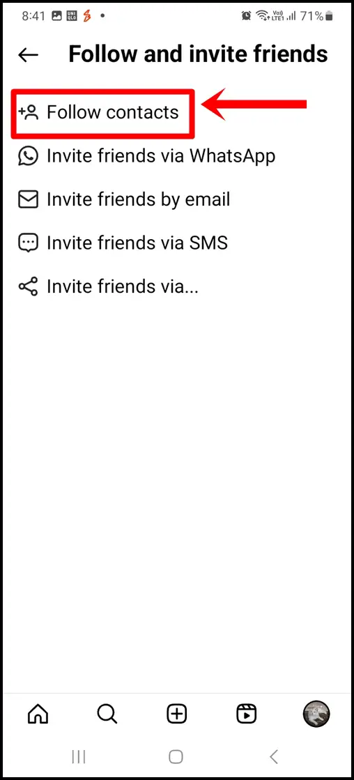 This image displays the 'Follow and invite friends' page in the Instagram mobile app, with the 'Follow contacts' option highlighted.