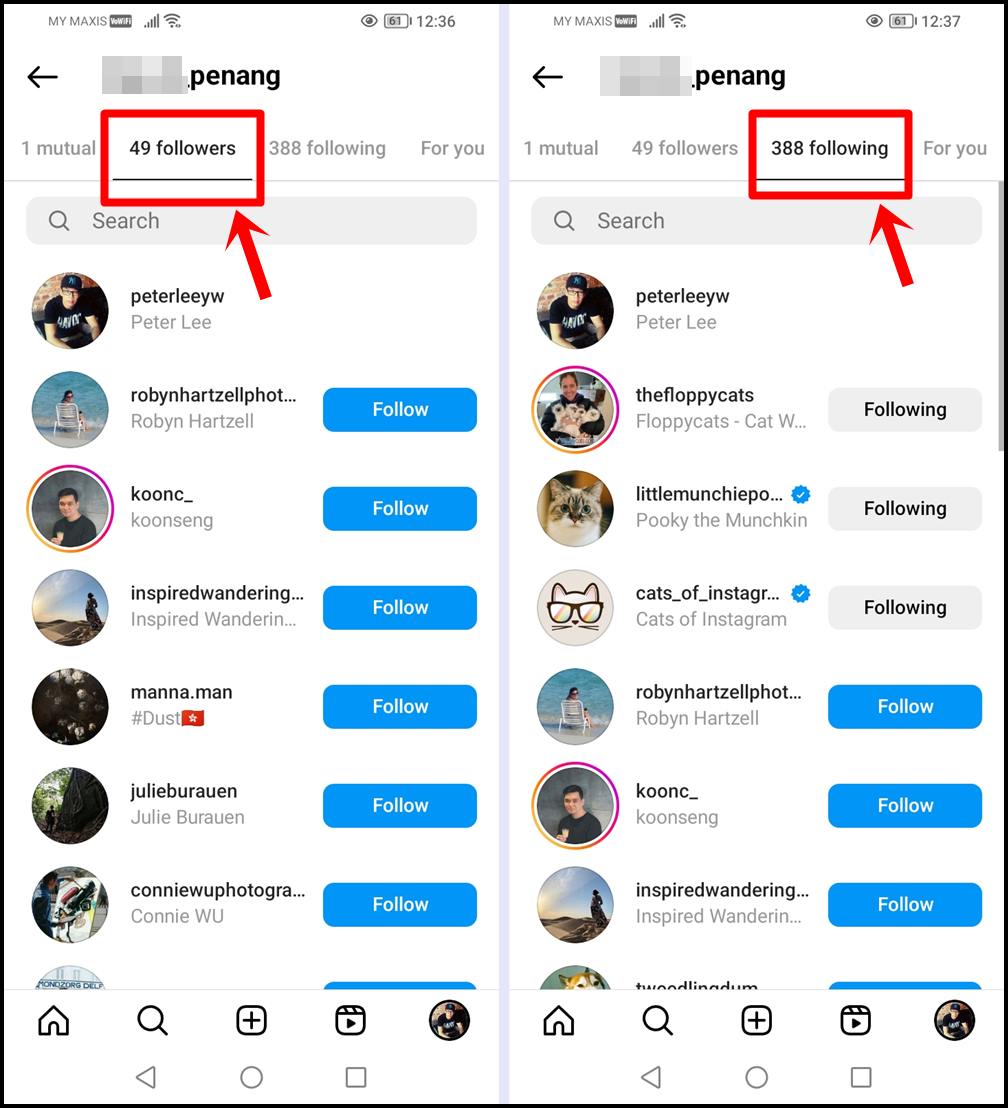 How to Find Someone on Instagram Without Their Username: This image showcases two screenshots: the first is a screenshot of the Followers page with the followers listed, and the second is a screenshot of the Instagram accounts that the mutual friend is following.