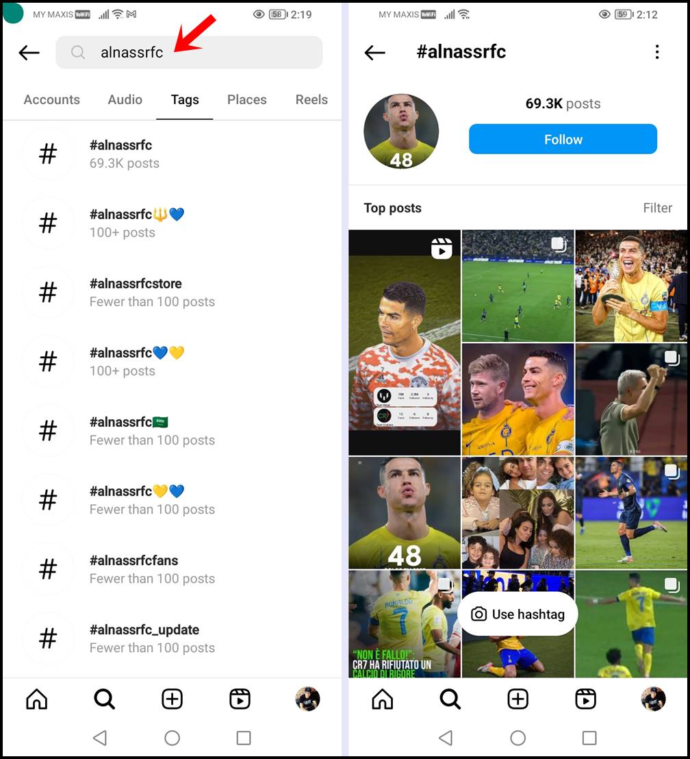 How to Find Someone on Instagram Without Their Username: This image shows the Instagram search results using a hashtag.