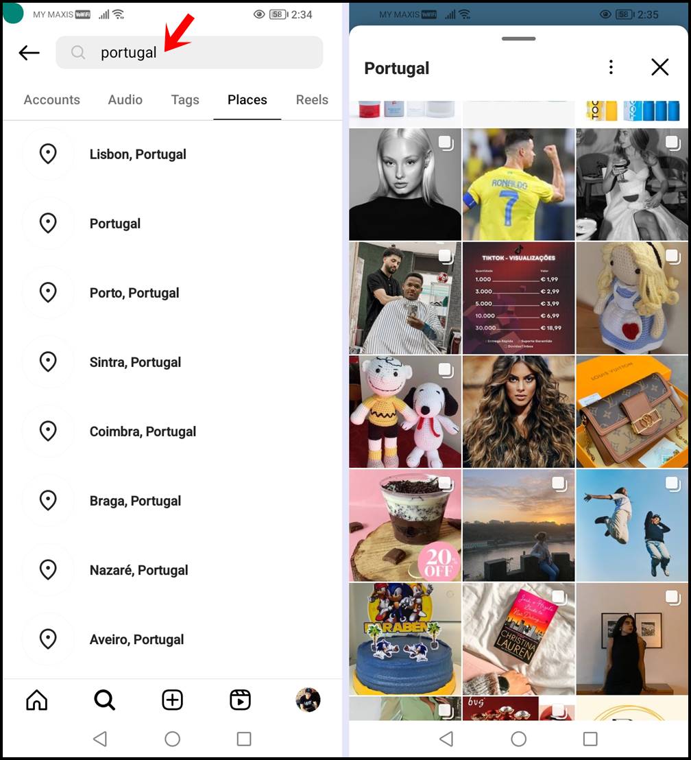 How to Find Someone on Instagram Without Their Username: This image shows the Instagram search results using Places.