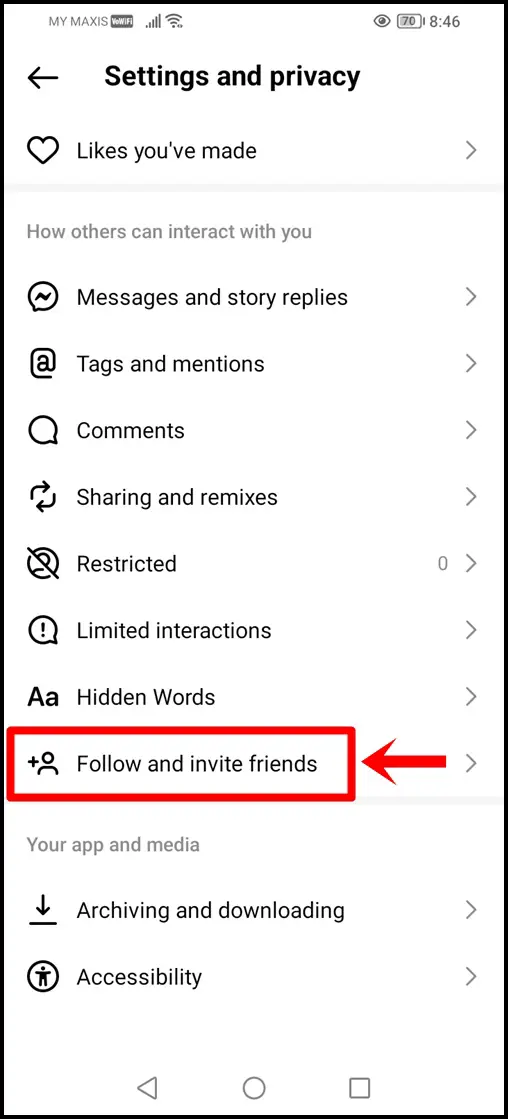 This image showcases the 'Settings and Privacy' page in the Instagram mobile app, highlighting the 'Follow and invite friends' option.