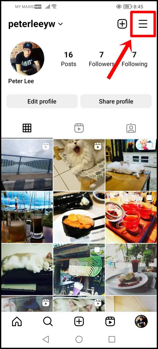 This image displays the profile screen of an Instagram user, with the three horizontal lines menu in the top-right highlighted.