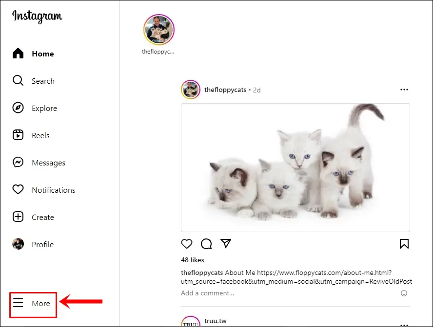 This image shows the Instagram home page on desktop. The 3-Horizontal Lines Icon in the bottom-left corner is highlighted.