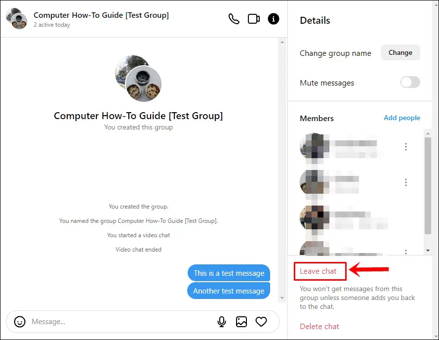 This image shows an Instagram Group Chat with the "Leave chat" option highlighted.