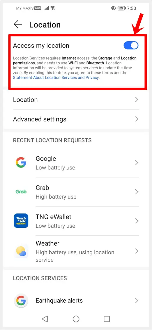 How to Fix Google Find My Device Not Working: This image shows the location screen of an Android device. The "Access my location" button is highlighted.