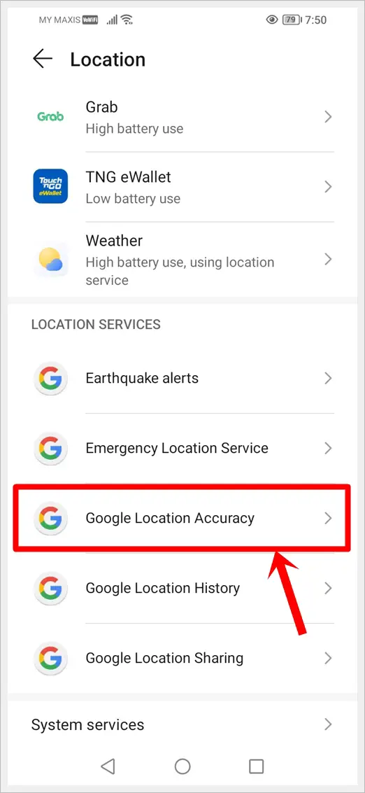 This image shows the Location screen of an Android device. The "Google Location Accuracy" option is highlighted.