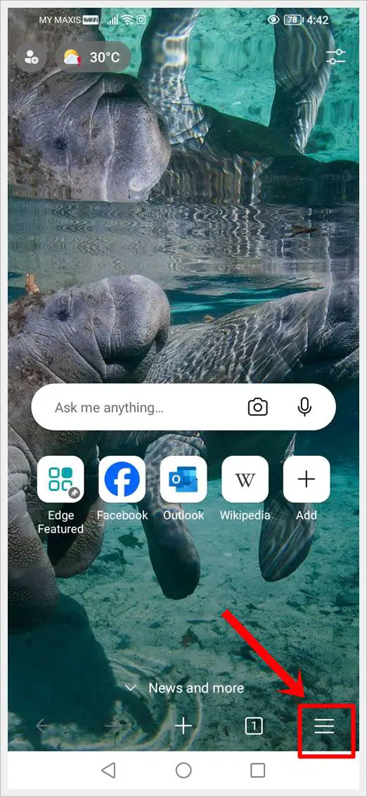 This image shows the Microsoft Edge browser on Android. The 3-Horizontal Lines Icon in the bottom-right corner is highlighted.