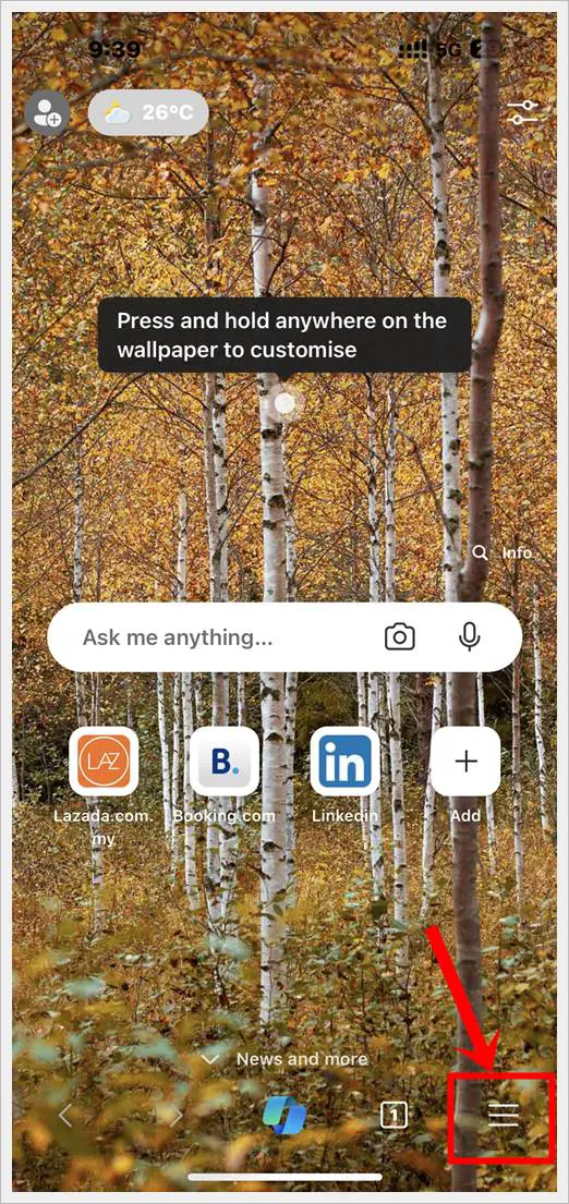 This image shows the home screen of Microsoft Edge on iPhone. The 3-Horizontal Lines Menu in the bottom-right is highlighted.