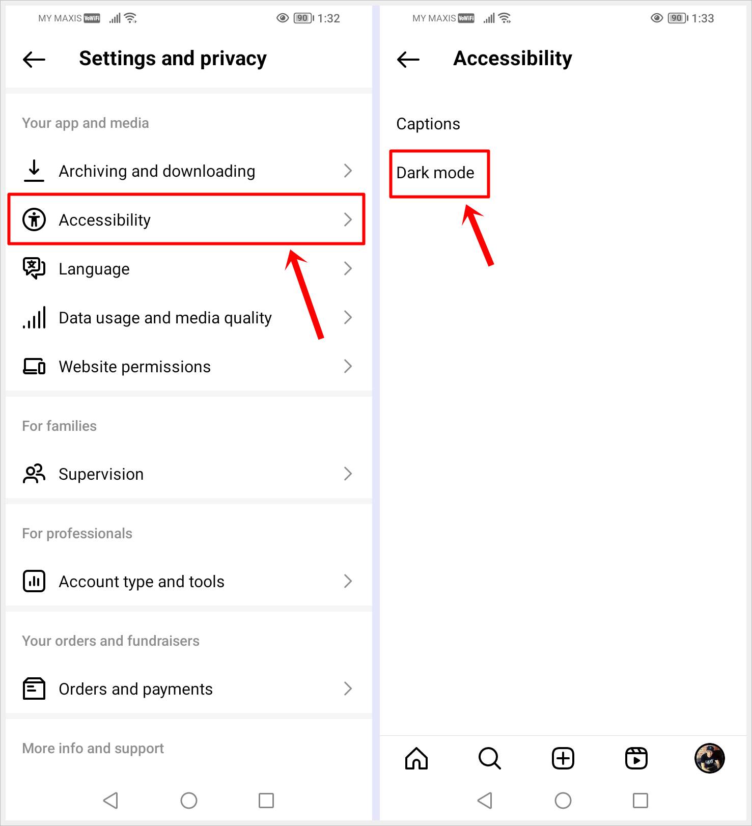 This image features two screenshots demonstrating how to activate dark mode on the Instagram Android mobile app.