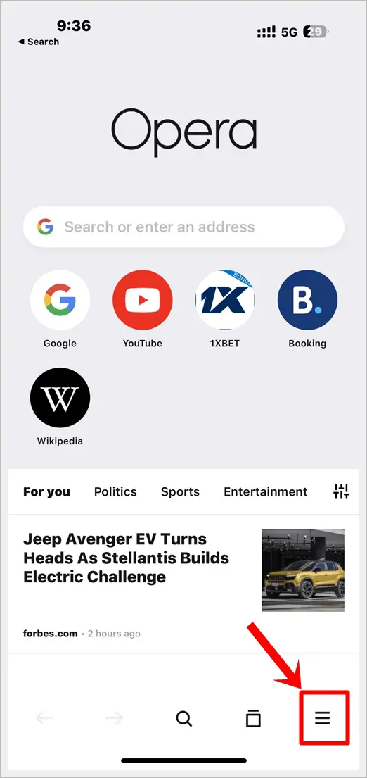 This image shows the Opera app for iOS. The 3-Line Menu Icon in the bottom-right corner is highlighted.