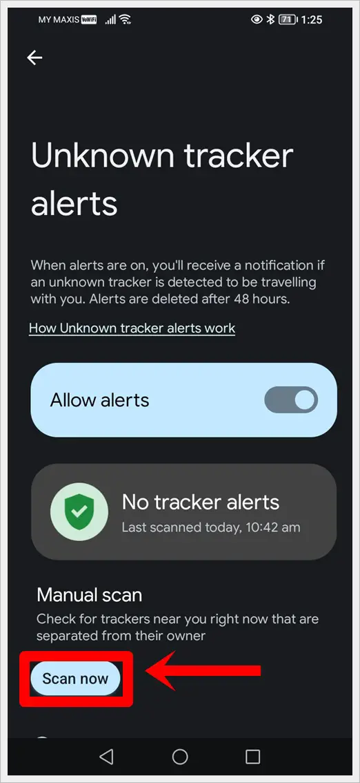 How to Track Unknown Apple AirTags With an Android: This image shows a screenshot of Unknown Tracker Alerts. The "Scan now" button is highlighted.