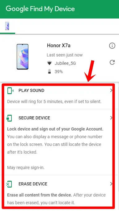 How to Find Your Lost Android Device with Google Find My Device: This image displays the 3 additional features of Google's Find My Device - Play Sound, Secure Device and Erase Device.