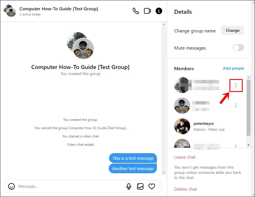 This image displays how to remove a person from an Instagram group on desktop. The 3-Vertical dot next to the name of the person to be removed is highlighted.