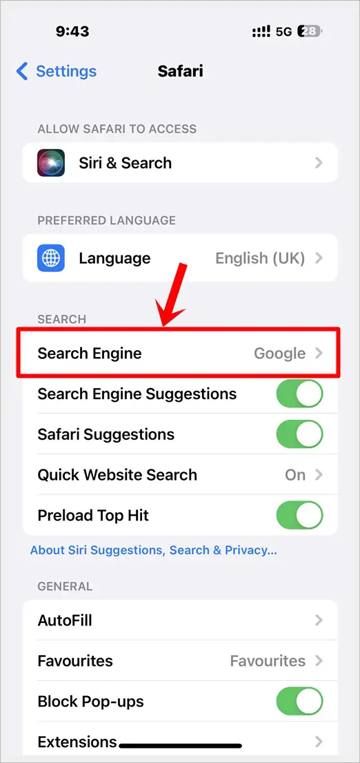 This image shows the "Safari" settings screen. The "Search Engine" option is highlighted.