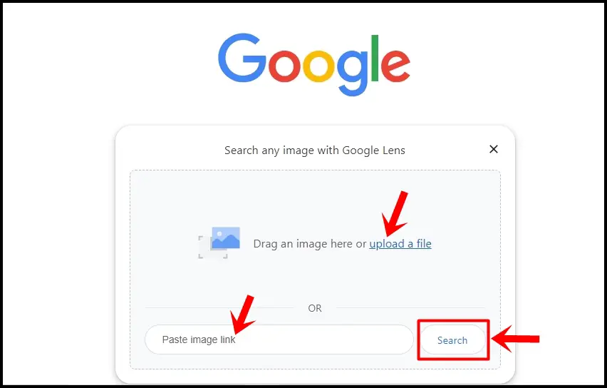 How to Find Someone on Instagram Without Their Username: This image shows the 'Search any image with Google Lens' page. The 'Upload a file' and 'Paste image link' options and the 'Search' button are highlighted.