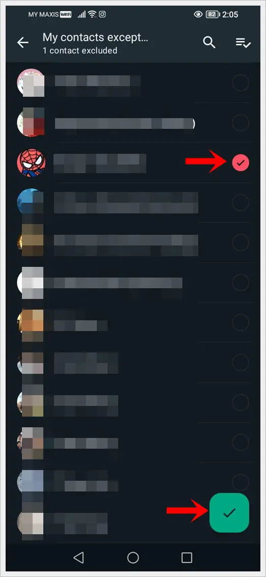 This image displays a screenshot of the WhatsApp's 'My contacts except...' page on an Android phone, with a selected contact's name chosen to be excluded from viewing the user's profile picture. The green check button in the bottom-right is also highlighted.