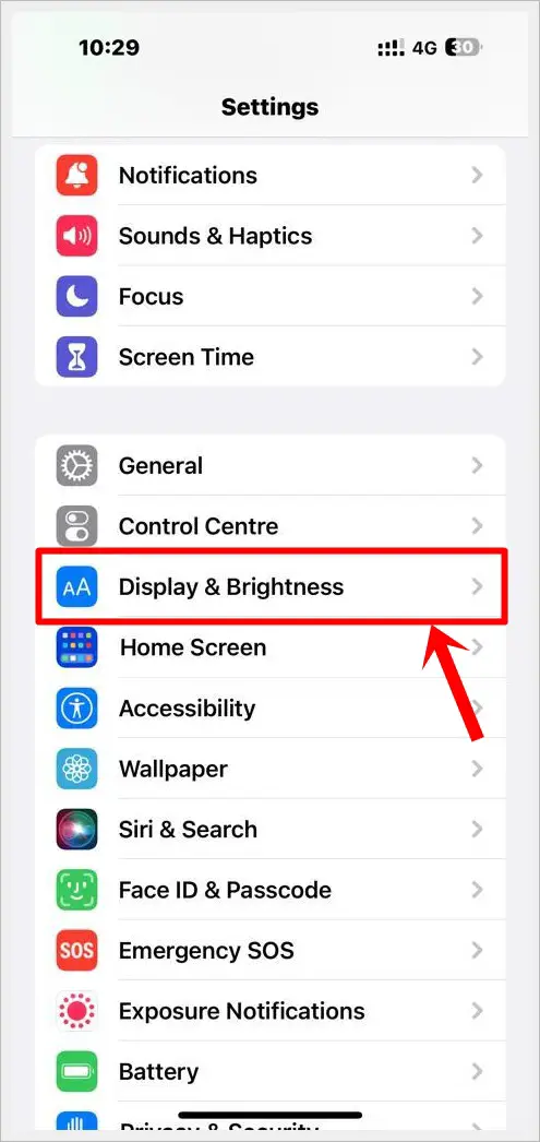 This image shows the Settings page on iPhone. The "Display & Brightness" option is highlighted.