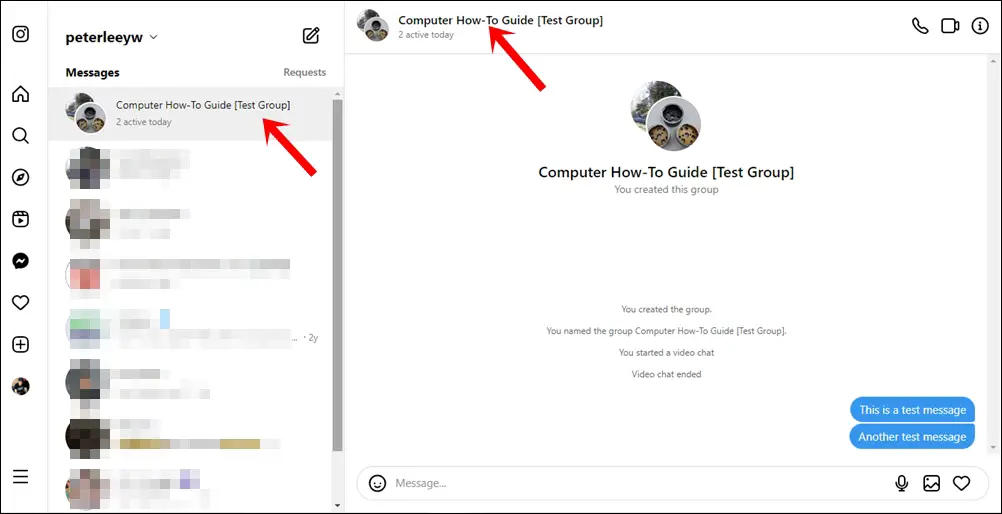 This image shows how to navigate to the selected Instagram Group Chat on desktop. Click the selected group, followed by clicking the group name at the top.