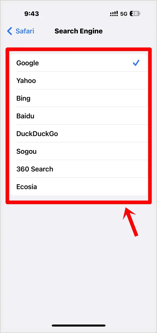 This image shows the various search engines available to be chosen as the default search engine for Safari.