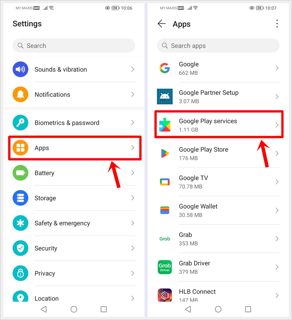 This image displays two screenshots: one highlighting the 'Apps' option on the Settings screen, and the other featuring the 'Google Play services' option on the Apps screen.