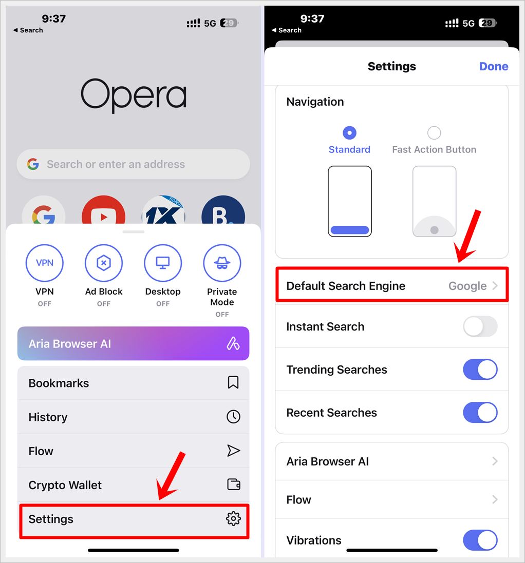 This image shows 2 screenshots from the Opera app for iOS. The "Settings" and "Default Search Engine" options are highlighted on each screenshot, respectively.