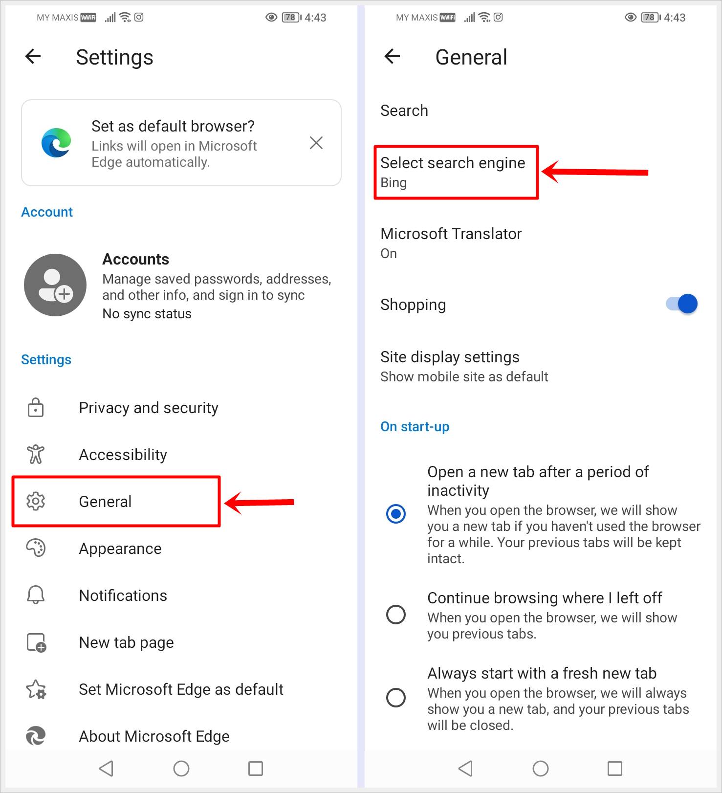 This image shows 2 screenshots of the Microsoft Edge app for Android. The "General" and "Select search engine" options are highlighted on each screenshot, respectively.