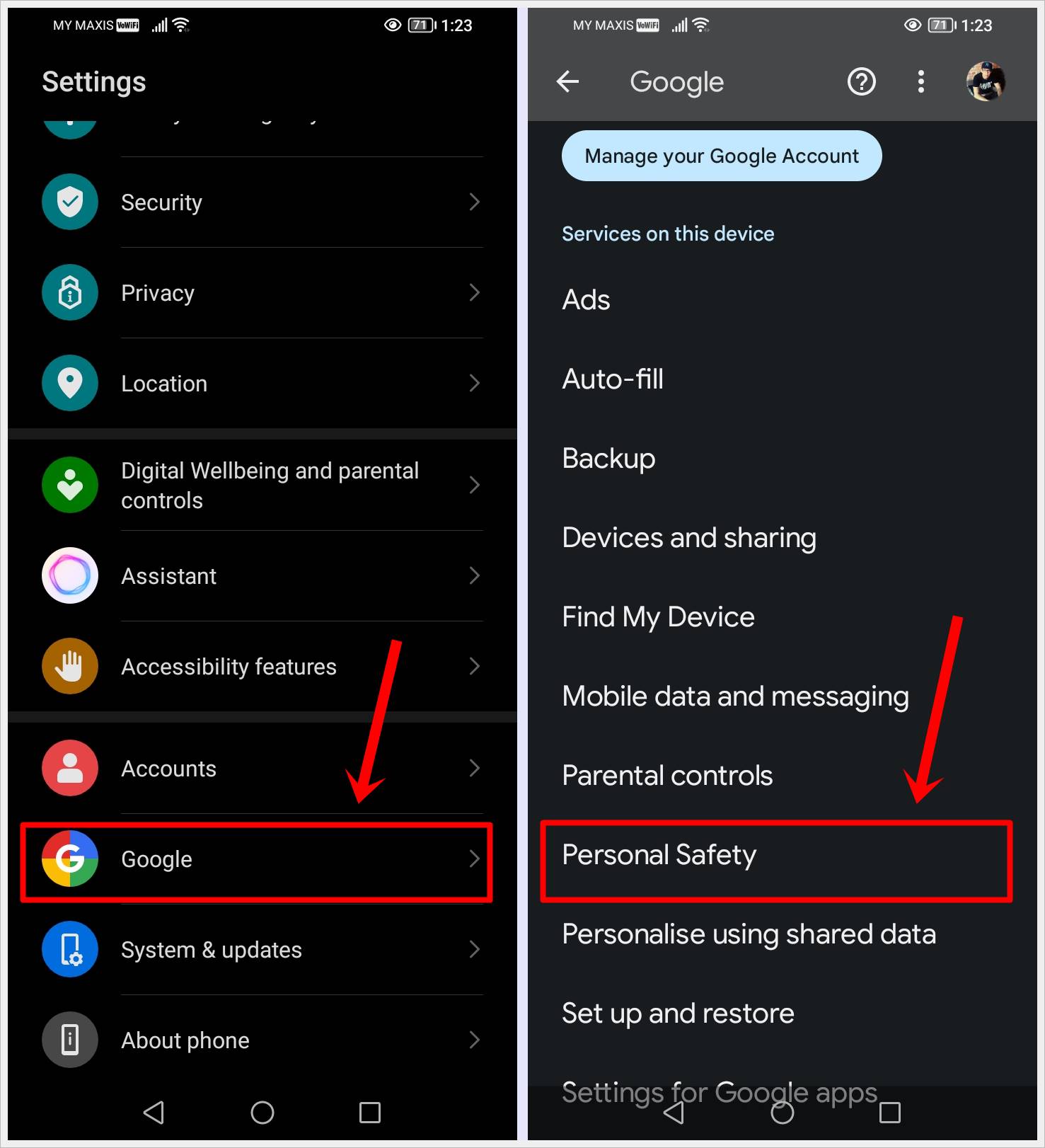 This image shows two screenshots taken from an Android device, with the 'Google' and 'Personal Safety' options highlighted on each screenshot, respectively.