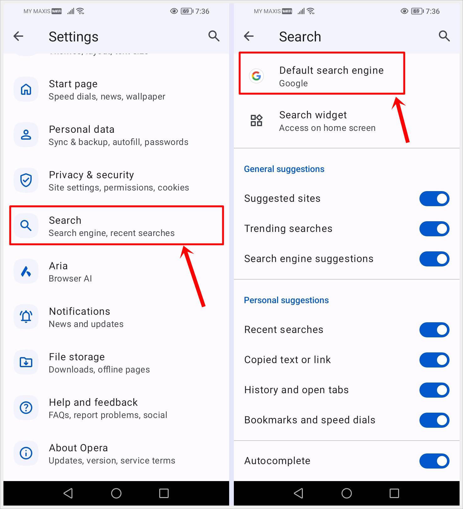 This image shows 2 screenshots from the Opera app for Android. The "Search" and "Default search engine" options are highlighted on each screenshot, respectively.