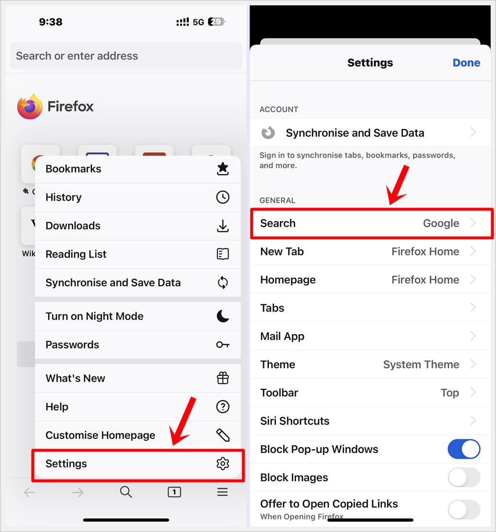 This image shows 2 screenshots of the Firefox app on iOS. The "Settings" and "Search" options are highlighted on each screenshot, respectively.