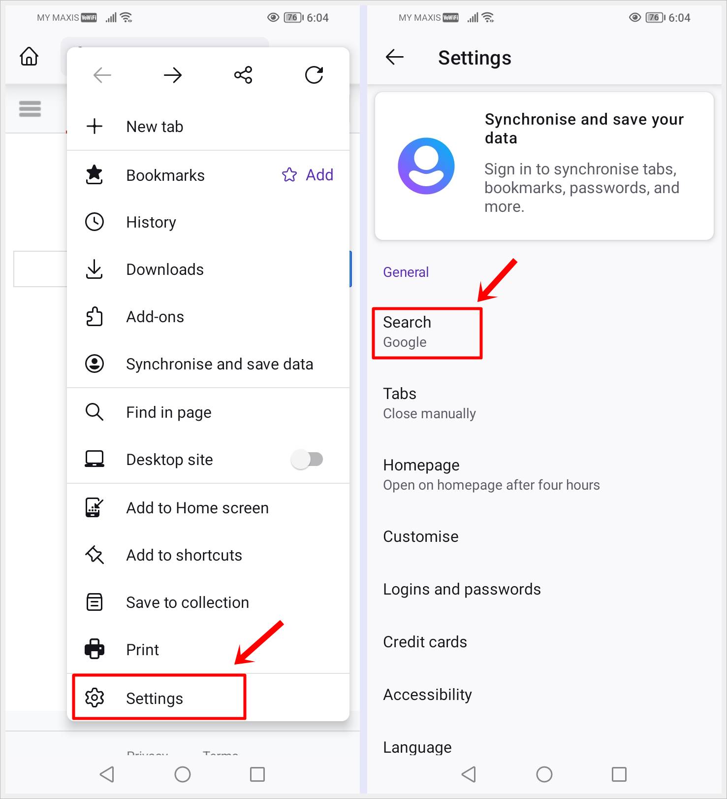 This image shows 2 screenshots of the Firefox app on Android. The "Settings" and "Search" options are highlighted on each screenshot, respectively.