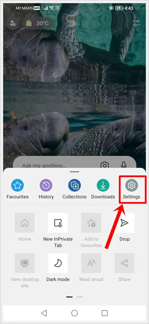 This image shows the "Settings" Icon of Microsoft Edge for Android is highlighted.