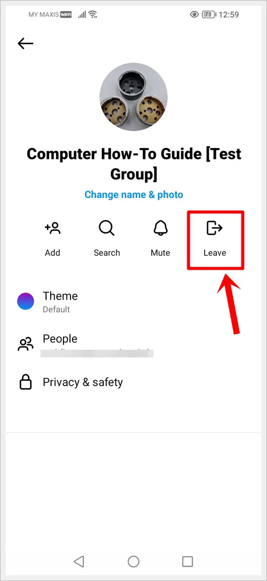 This image shows the particular Instagram Group Chat info screen. The Leave Icon is highlighted.