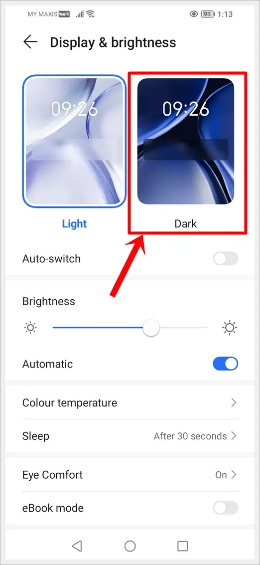 This image shows the "Display & brightness" screen of an Android phone. The Dark Mode option is highlighted.