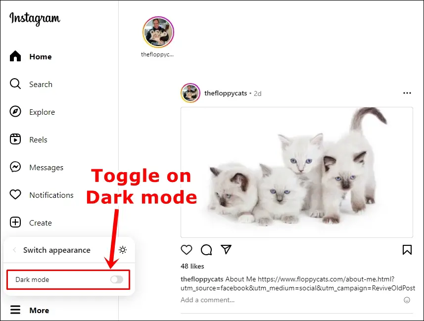 This image shows how to toggle on Instagram dark mode on Instagram desktop. The "Dark mode" option is highlighted.